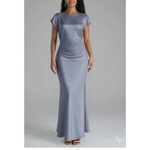 AW BRIDAL 0 XS dusty blue Lacey satin bridesmaid party maxi dress NEW B165